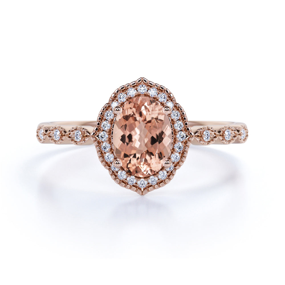 1.50 Carat huge oval cut Morganite and Diamond Engagement Ring in Rose ...