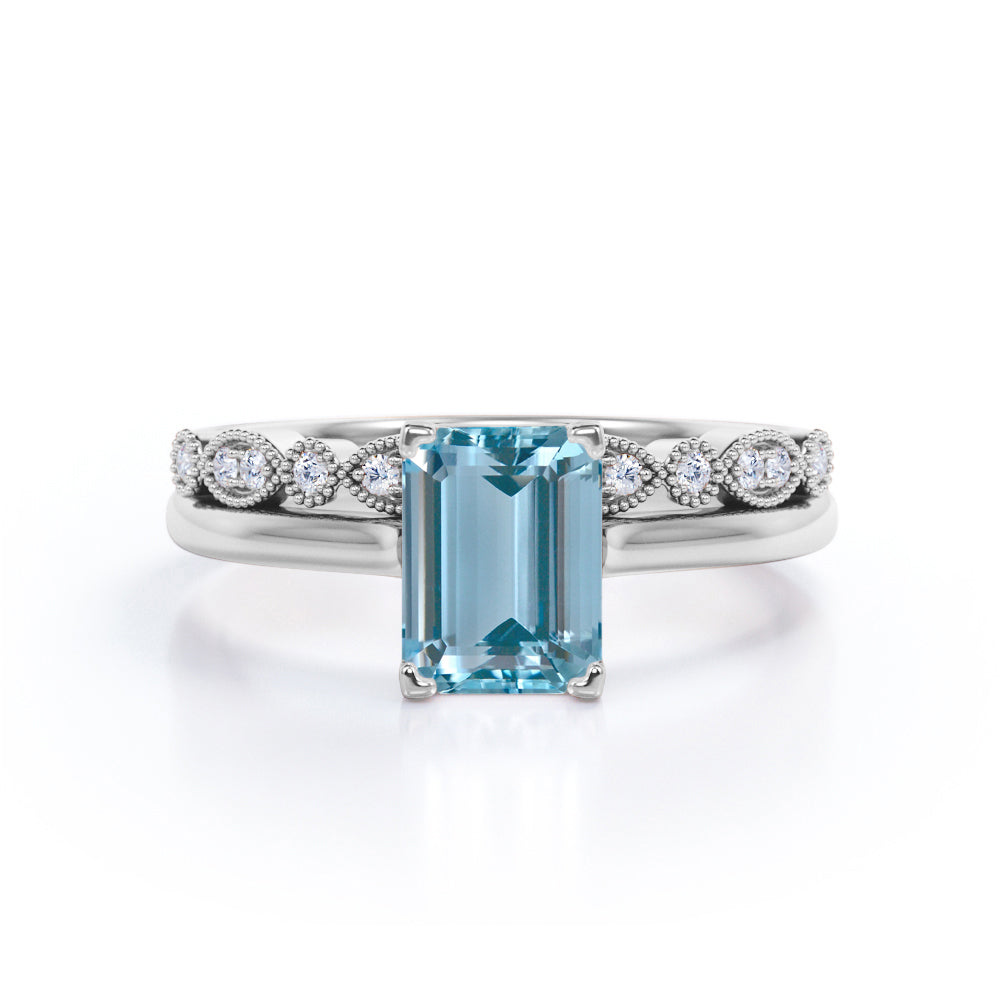 Bestselling 1.25 Carat emerald cut Aquamarine and Diamond Wedding Ring ...