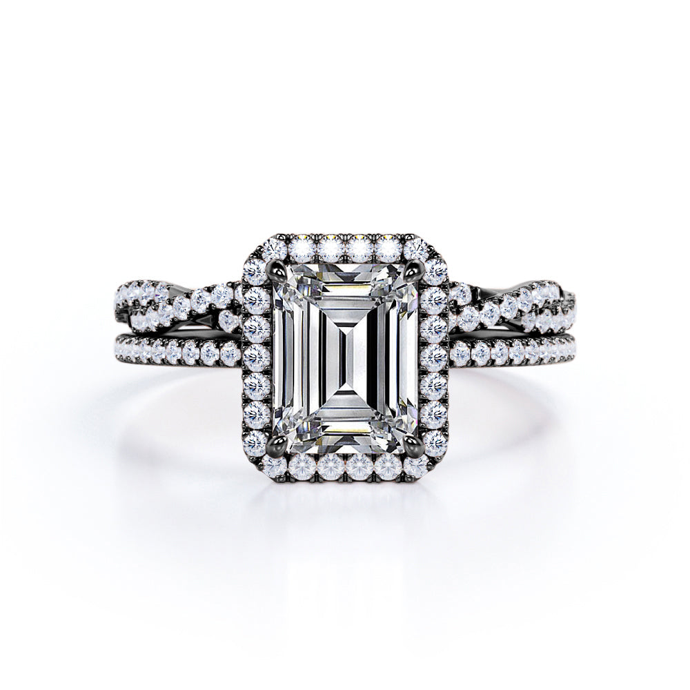 1.50 Carat Emerald Cut Moissanite And Diamond Halo Wedding Ring Set In ...