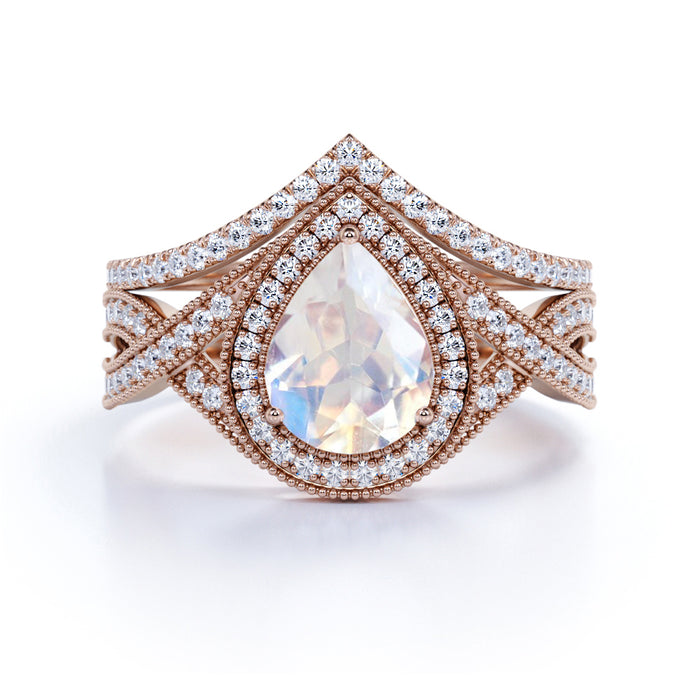 2 Carat Pear Shaped Moonstone Wedding Ring Set in Rose
