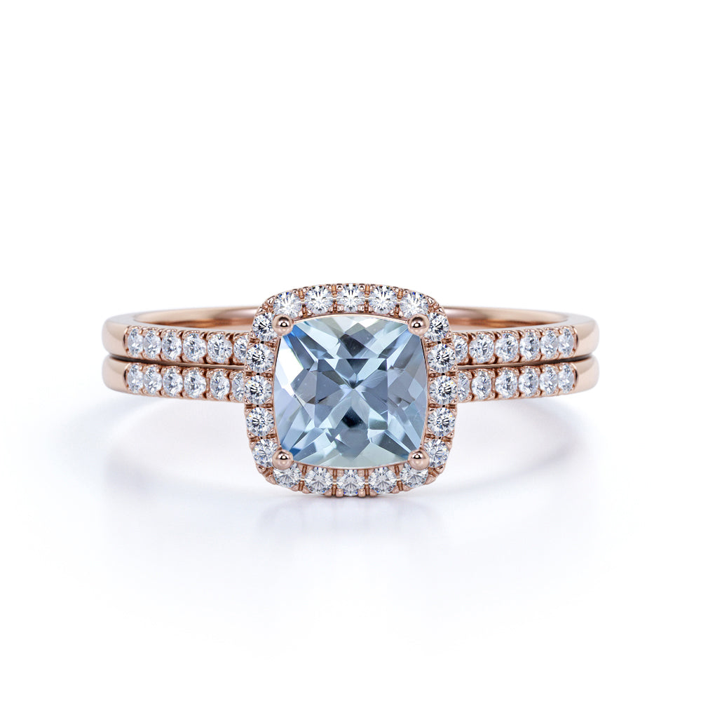 Antique 1.55 Carat cushion cut Aquamarine and Diamond Halo Bridal Set ...