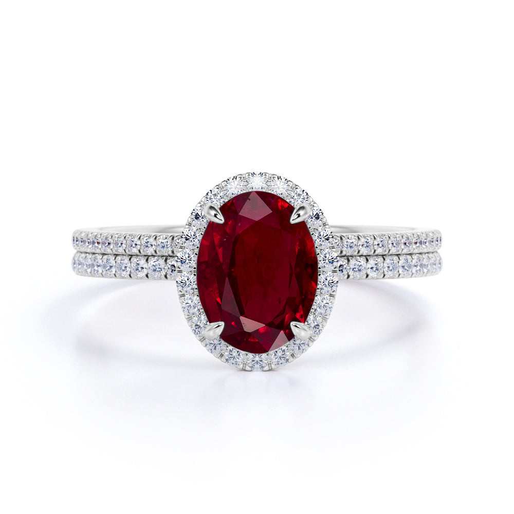 Antique Design 2 Carat Oval Cut Ruby and Diamond Halo Bridal Ring Set ...