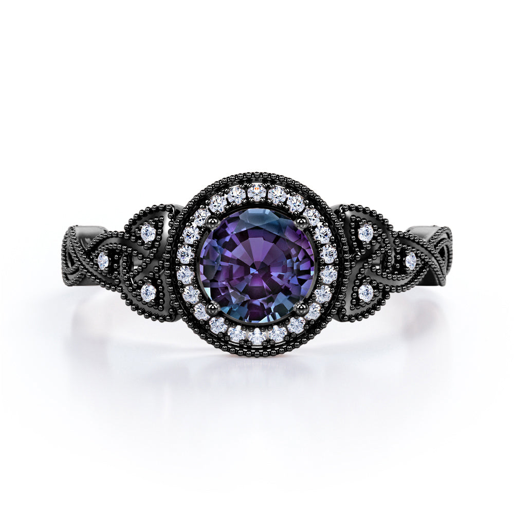 Infinity Round 1.35 Carat Lab Created Alexandrite And Diamond Vintage Milgrain Halo Engagement Ring In White Gold For Her