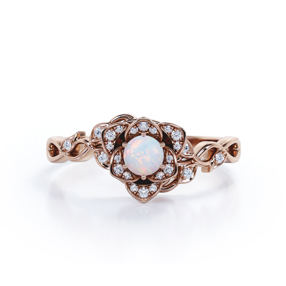 Artisan Rose Cluster 1.75 Carat Brilliant Round White Fire Opal and Diamond Classic Art Deco Engagement Ring in White Gold
