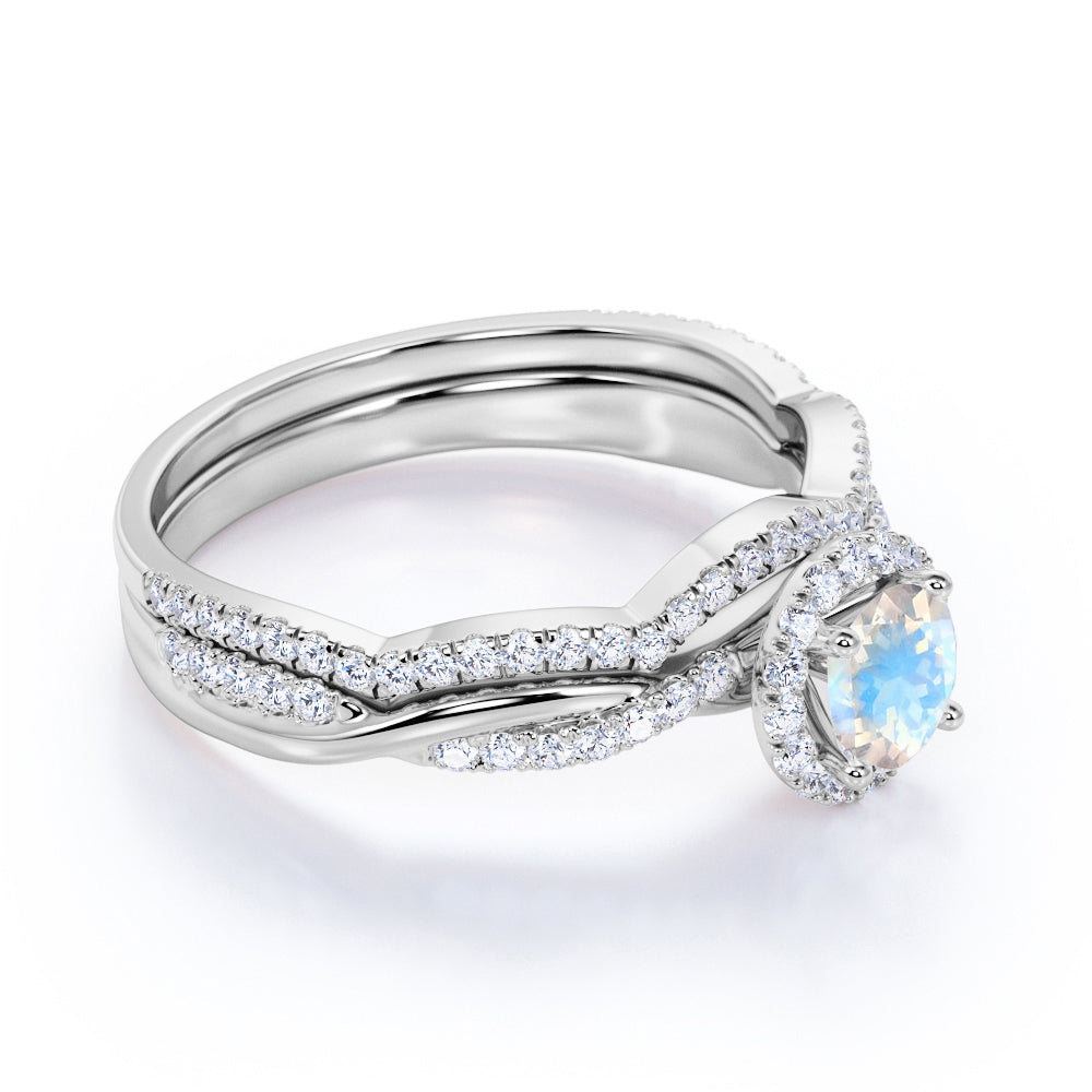 1.75 Carat Round Rainbow Moonstone and Diamond Halo Wedding Ring Set i ...