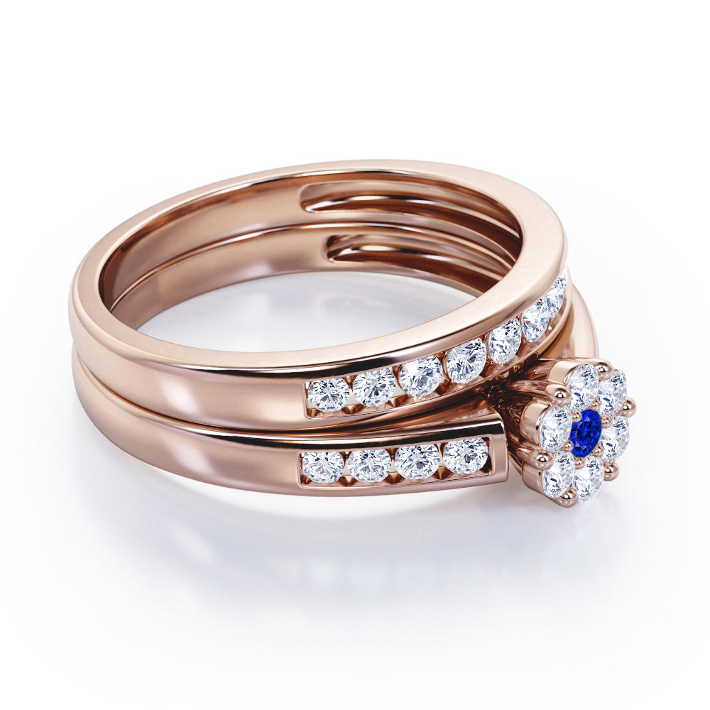 Flower Cluster Design 0.5 TCW Round-Shaped Blue Sapphire and Moissanite Flush-Channel Bridal Ring Set in Rose Gold