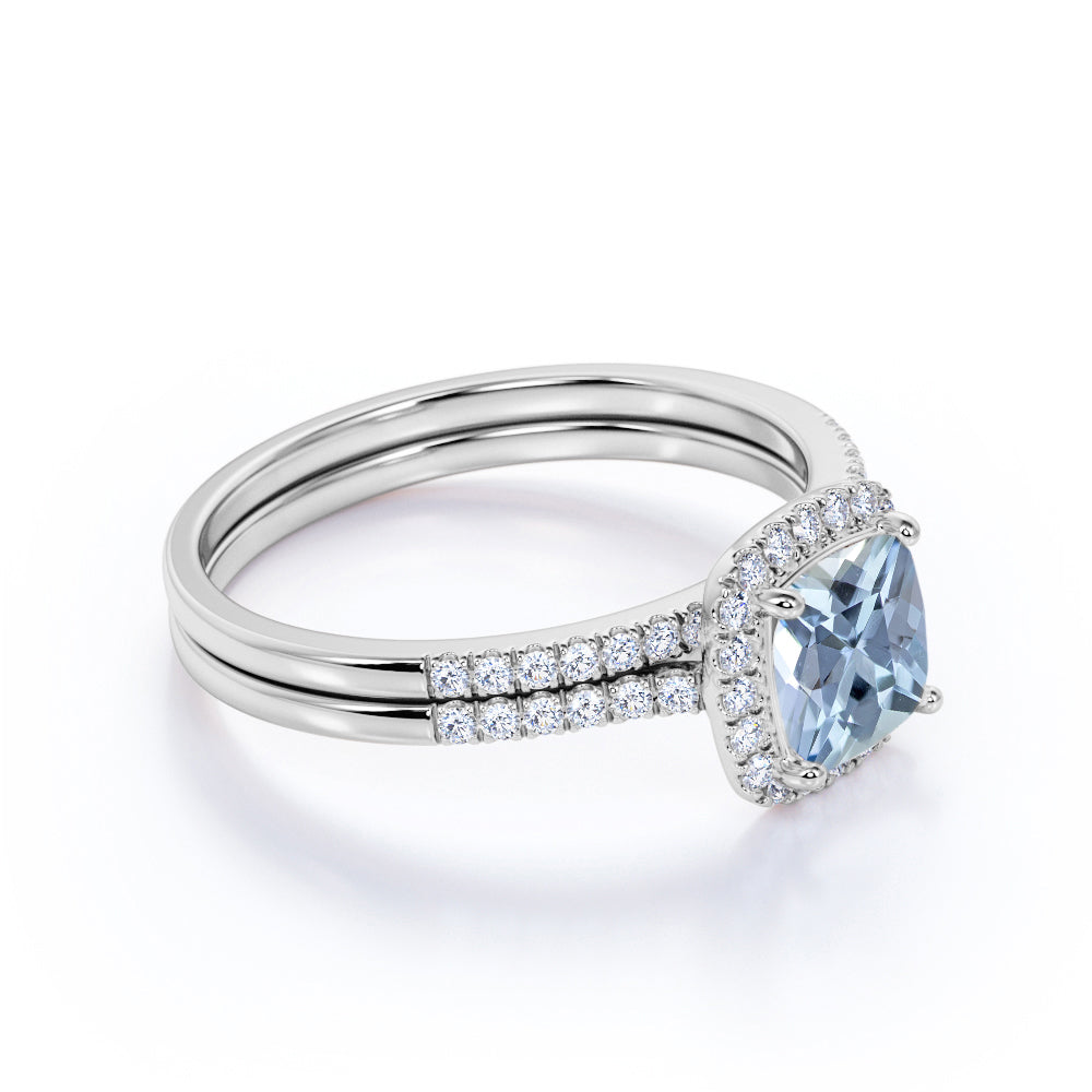 Antique 1.55 Carat cushion cut Aquamarine and Diamond Halo Bridal Set ...