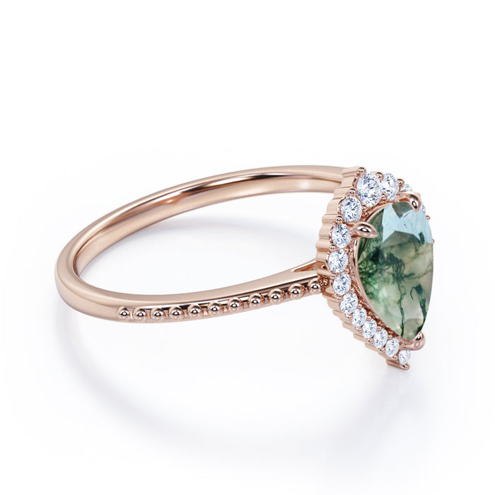 Vintage Halo 0.7 carat Pear Cut Moss Agate and Moissanite Engagement Ring Set in White Gold