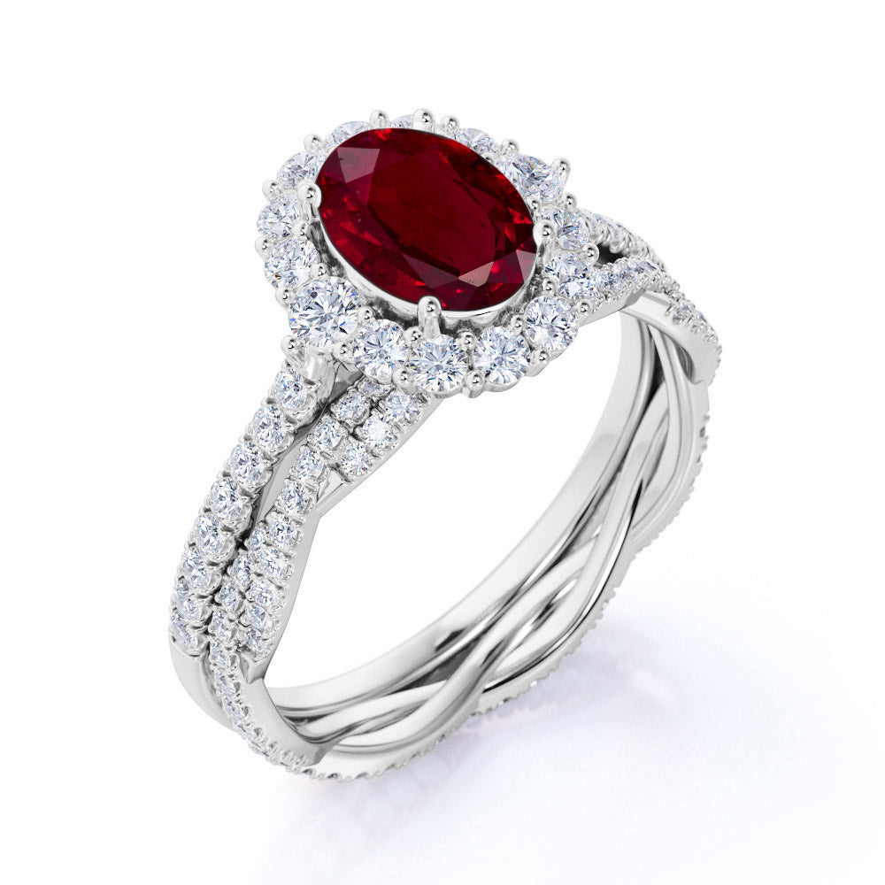 Antique Design 2.25 Carat Oval Cut Ruby and Diamond Halo Wedding Set with Infinity Band in White Gold