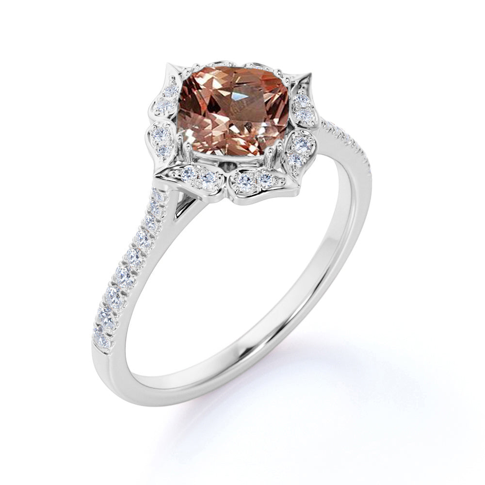 Handmade 1.25 Cushion Cut Peach Morganite and Diamond Engagement Ring ...