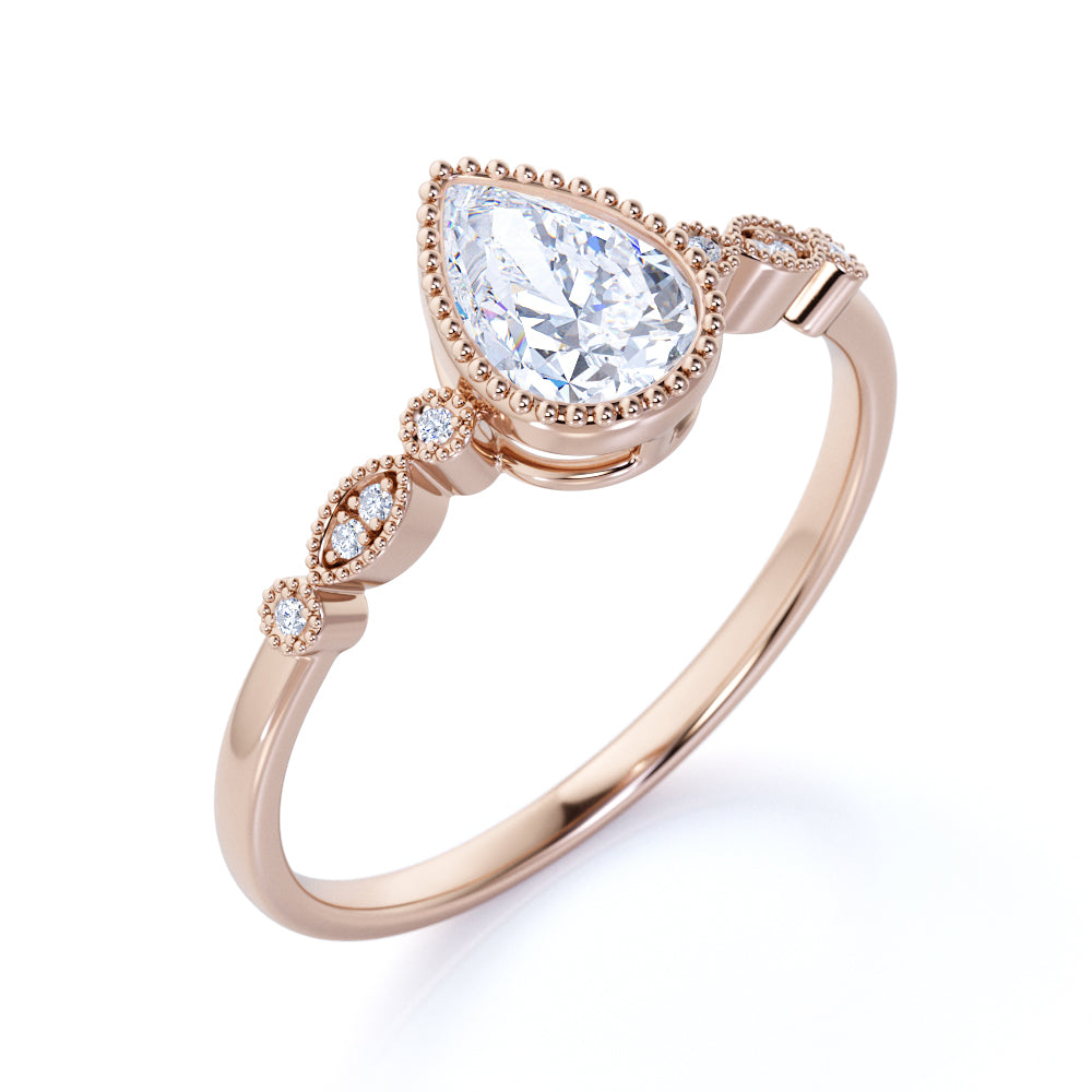 Bezel Setting 0.49 ct TDW Pear Shape Diamond and Unique Milgrain Engagement Ring in White Gold