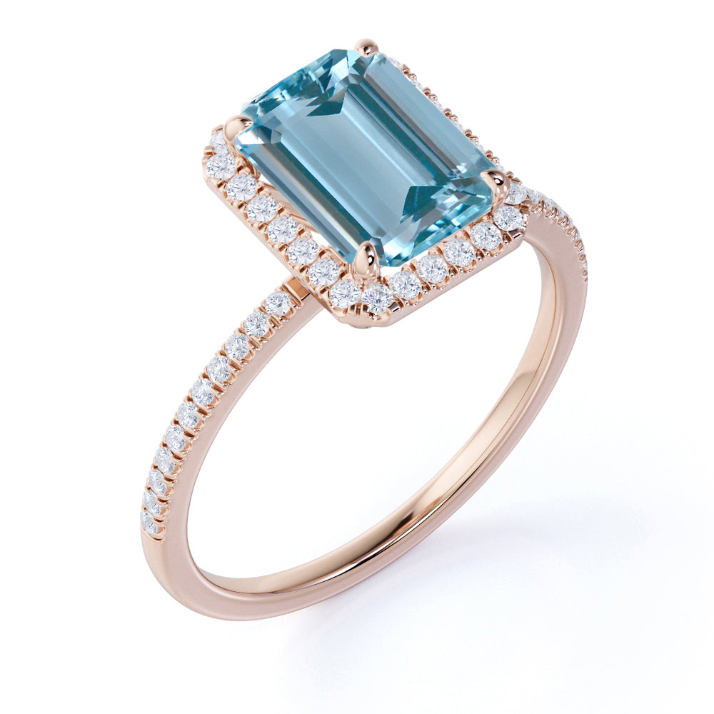 1.50 Carat emerald cut Aquamarine and Diamond Wedding Ring in White Go ...