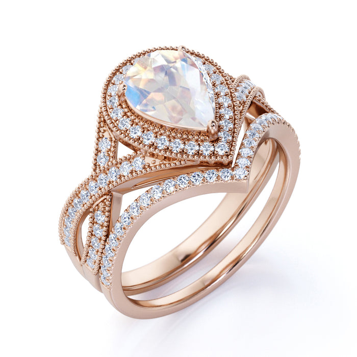 2 Carat Pear Shaped Moonstone Wedding Ring Set in Rose