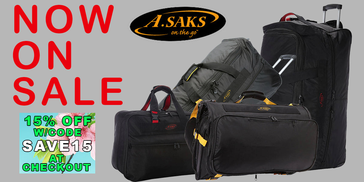 a. saks luggage sale banner with red lettering showing several pieces of luggage available at a discount price