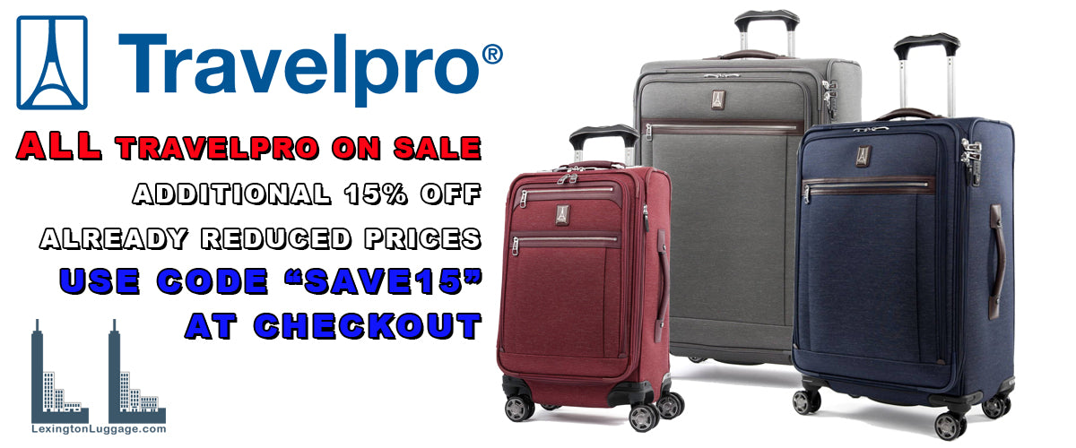 travelpro memorial day sale banner with red white and blue lettering showing a 3 piece set of travelpro luggage