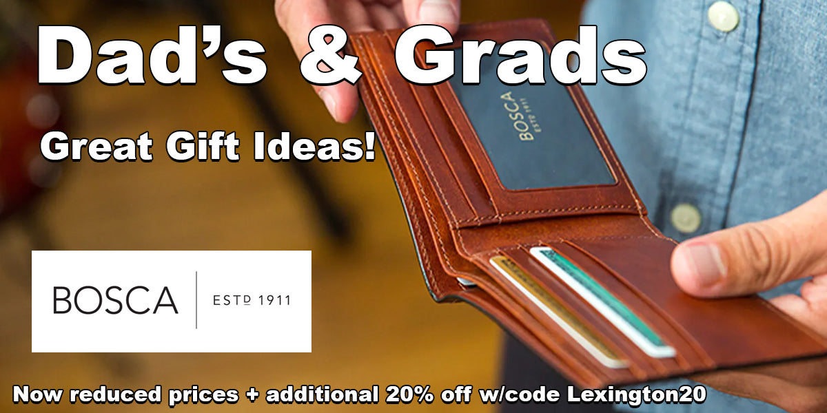 dads and grads sale banner with an opened bosca leather wallet in the background