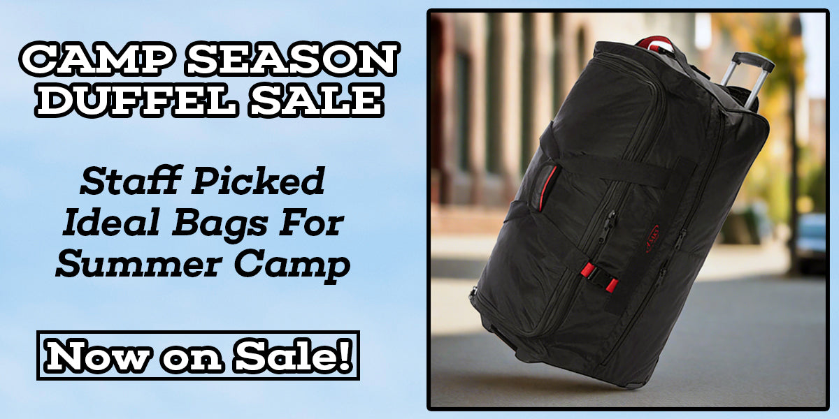 camp season duffel sale with a collection of staff picked items banner showing a large wheeled duffel