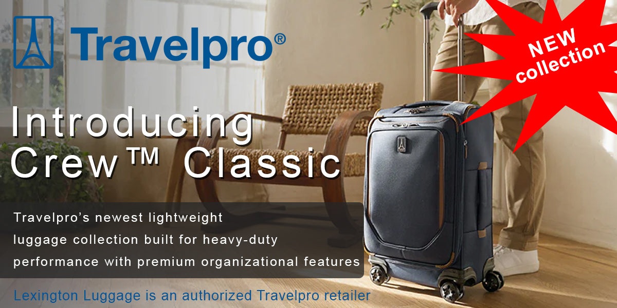 travelpro crew classic luggage shown with introduction verbiage overlay