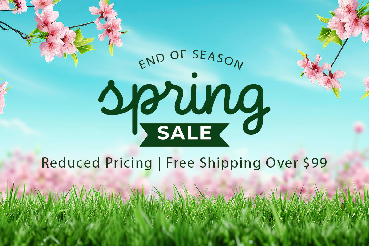 end of spring sale with blue sky background, green letters and pink flowers and green grass