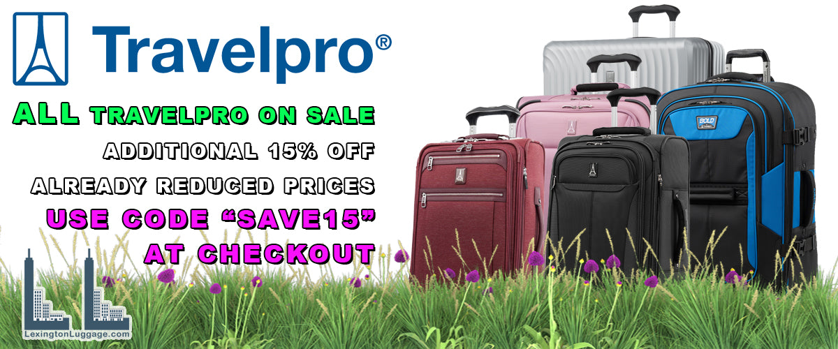 travelpro end of spring sale banner with assorted travelpro items in spring green grass