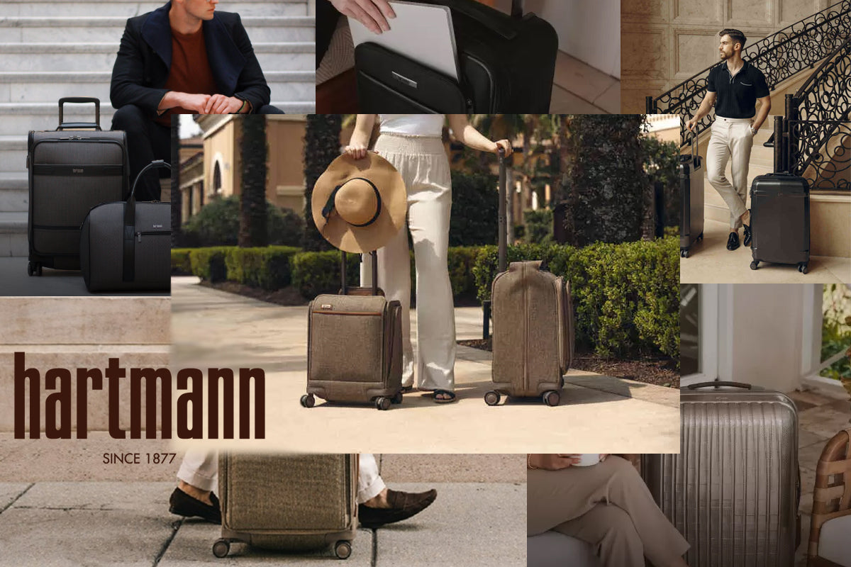 hartmann luggage banner showing a collage of people using hartmann luggage
