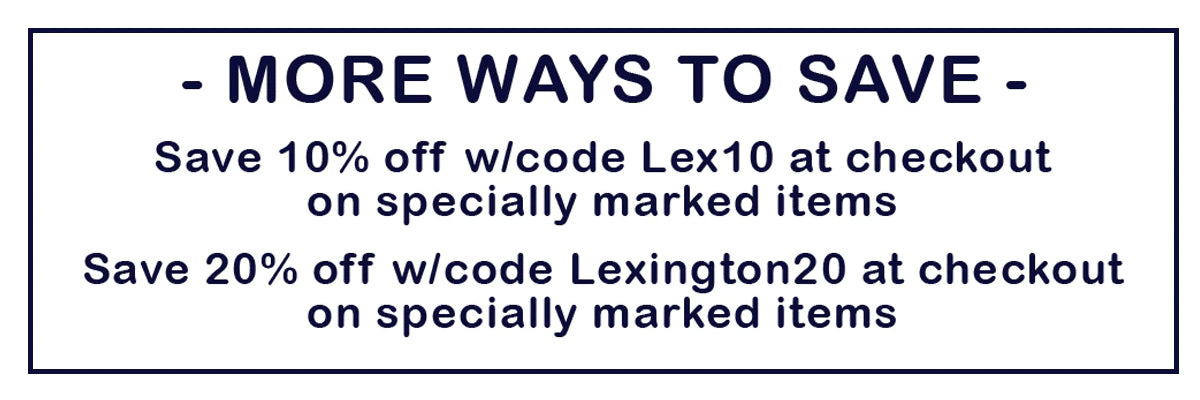 sale announcement banner instucting to use lex10 at checkout to save 10% off or lexington20 at checkout to save 20% off selected items