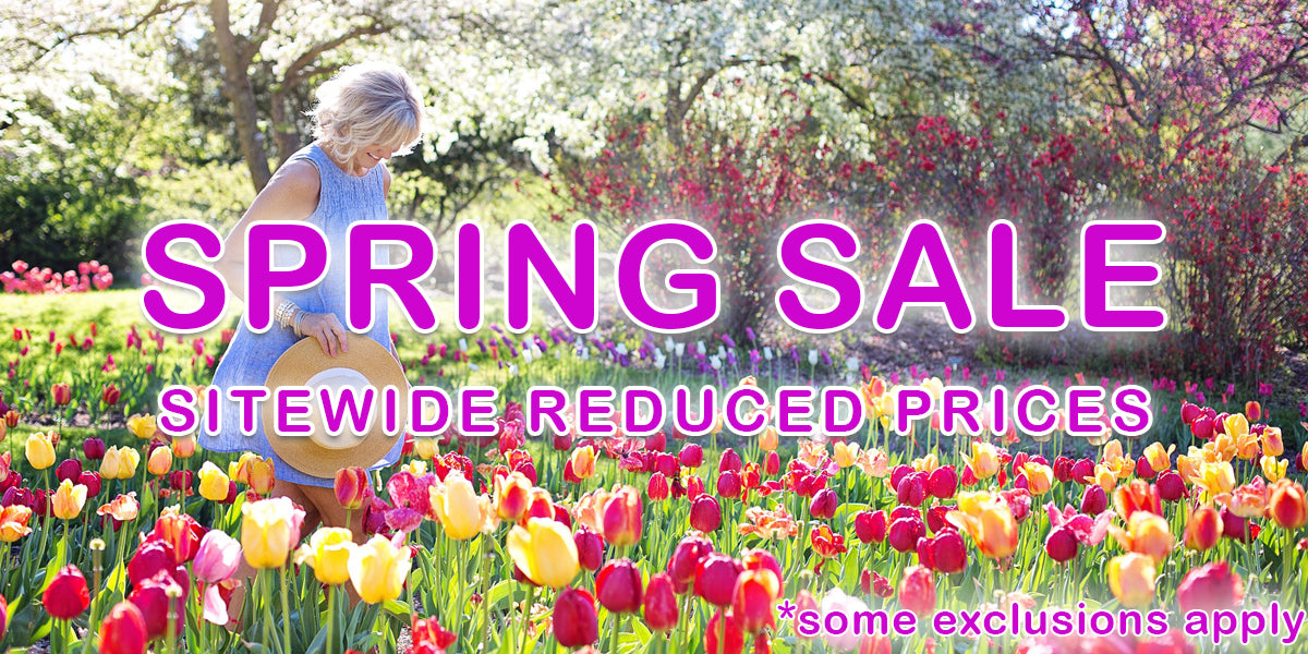 spring sale banner showing woman in sundress walking through a patch of yellow and red tulips with the words spring sale in purple