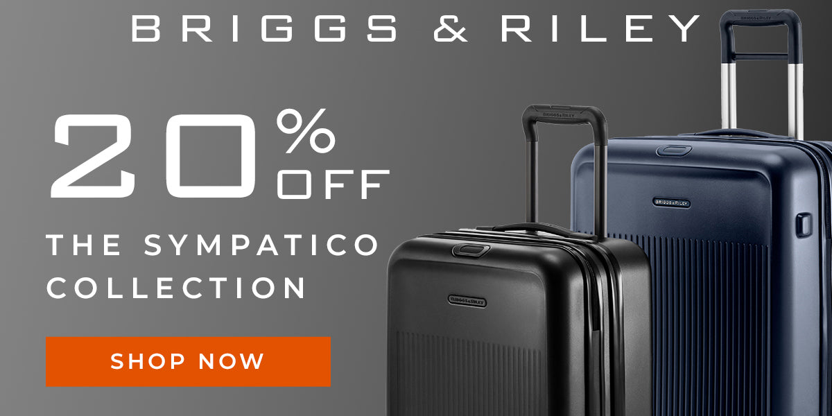 briggs and riley sympatico collection shown on grey background announcing 20% off the collection sale banner