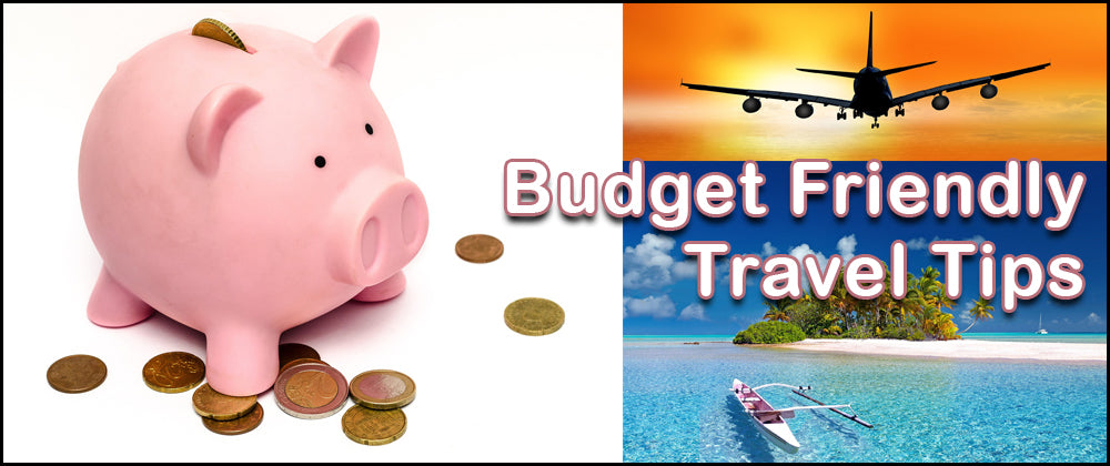 budget friendly travel tips banner showing piggy bank, tropical island and a plane flying off in the sunset