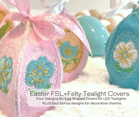 pink and teal egg shaped embroidery tea light covers featuring easter motifs