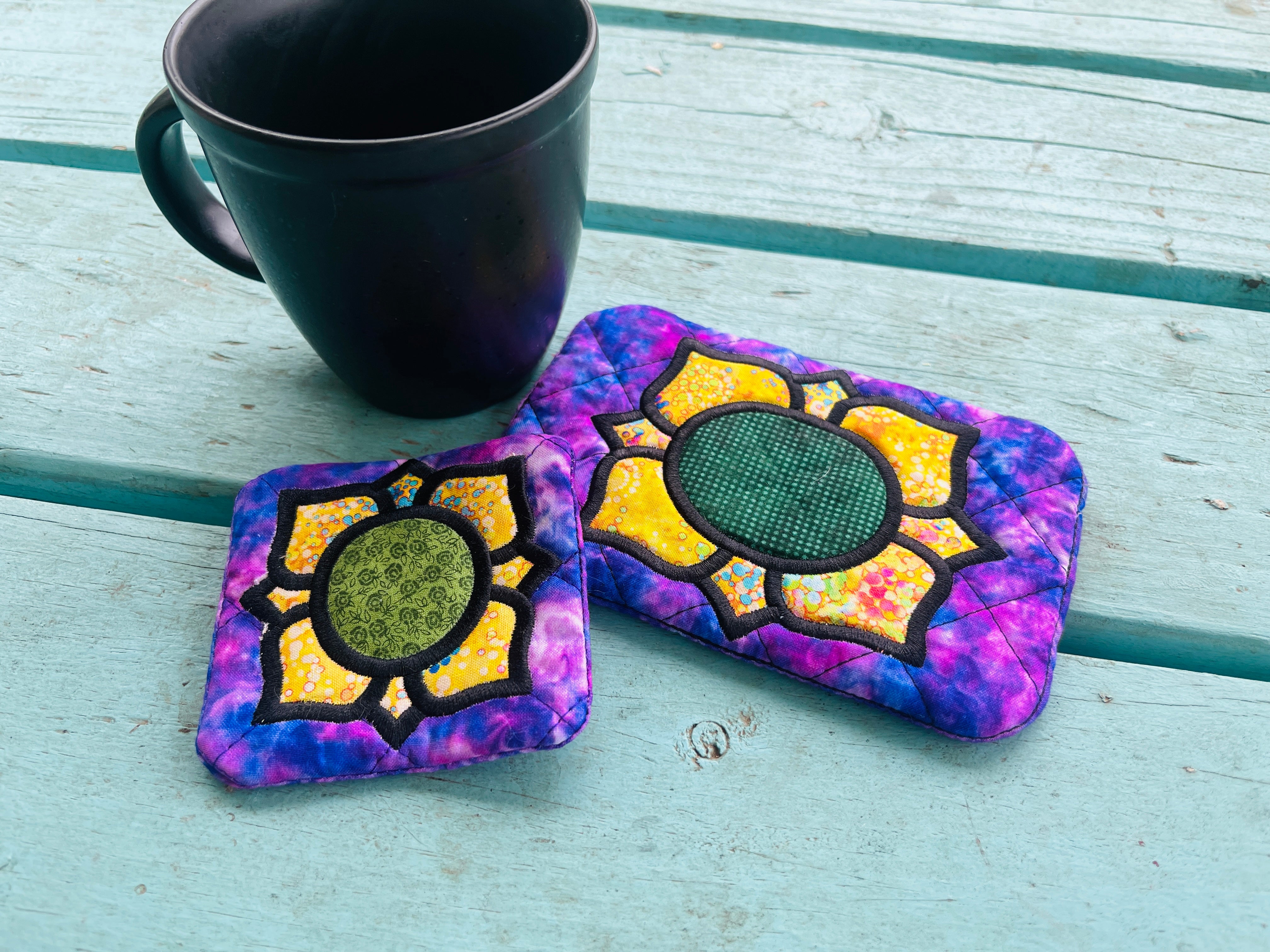 Satin Stitch Applique Pomegranate Bloom Mug Rug and Coaster SET