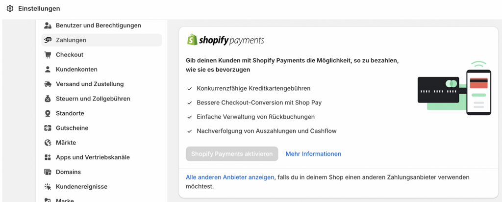 Shopify Payments aktivieren