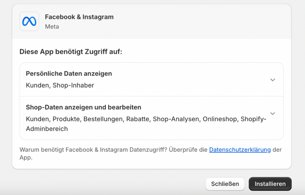 Zugriffserklärung Instagram & Facebook App