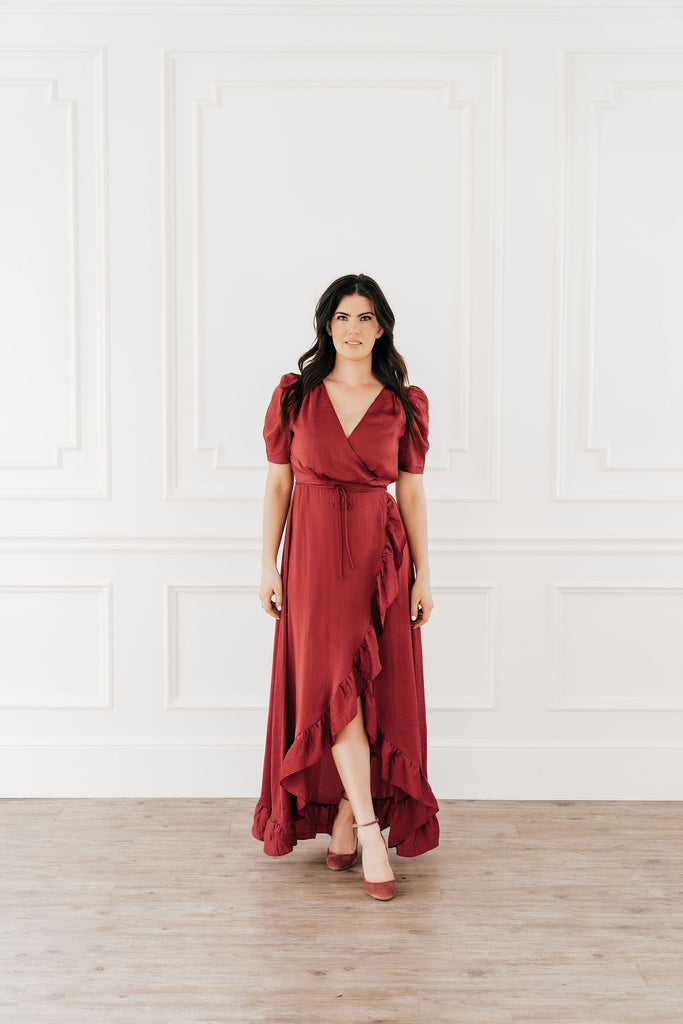 red flowy wrap dress