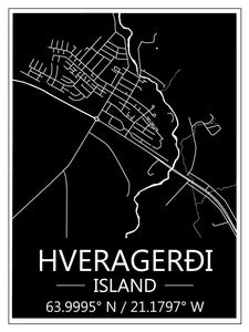 Bæjar og götukort - veggspjald / plakat  Hveragerði Svart-Veggspjöld-bykrums.myshopify.com