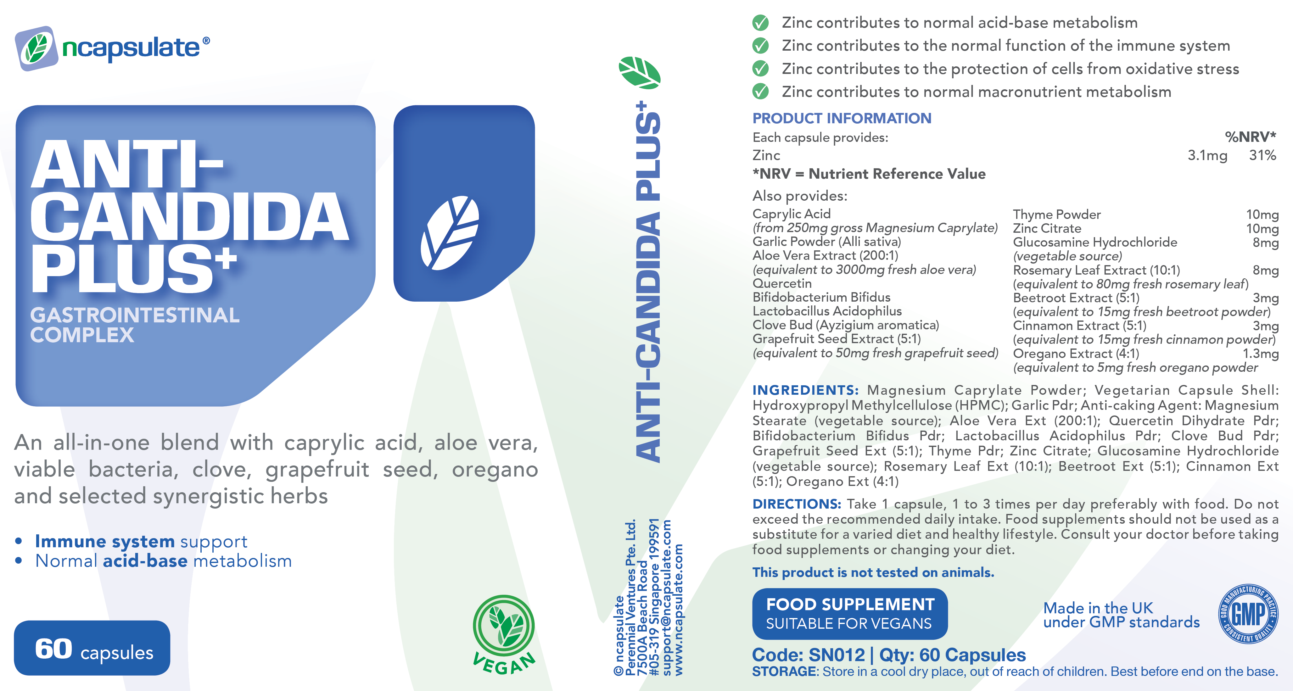 ncapsulate® ANTI CANDIDA PLUS+ Premium Health Supplement Product Label