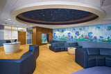 Smart hospital waiting room decorated in blue