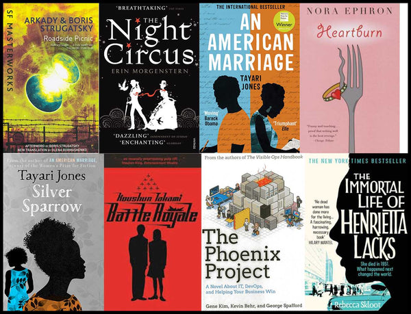 8 book covers lined up together - Roadside Picnic, The Night Circus, An American Marriage, Heartburn, Silver Sparrow, Battle Royale, The Phoenix Project, The Immortal Life of Henrietta Lacks
