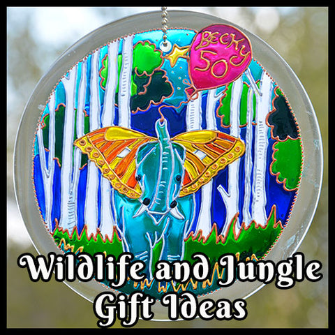 Stained Glass suncatcher with happy blue elephant plus the words Wildlife and Jungle Gift Ideas