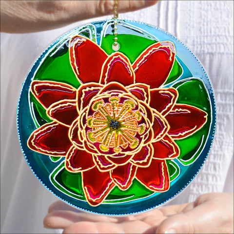 Radiant pink water lily flower stained glass suncatcher