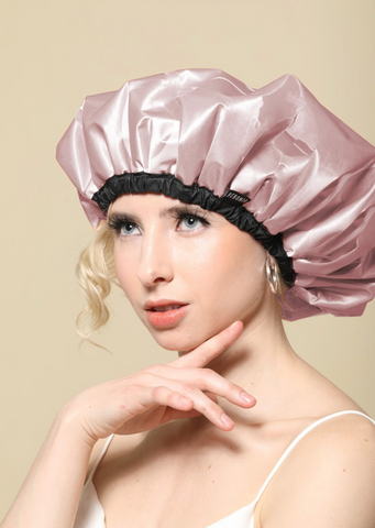 Bebonia curly hair extensions showing a woman with a shower cap