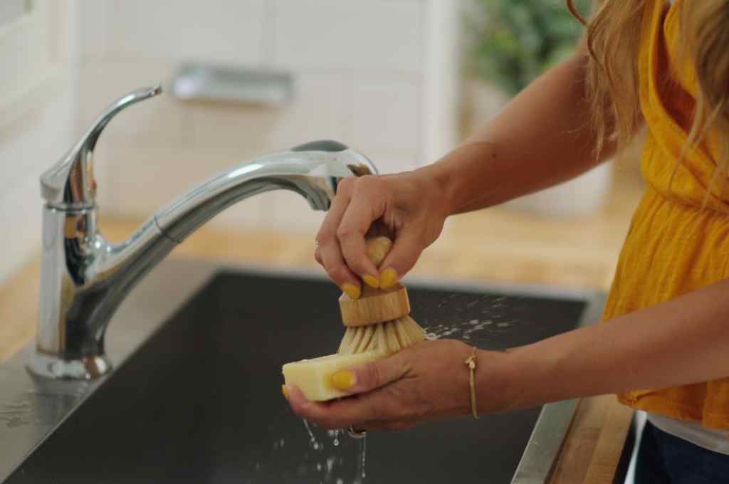 Scrubbing a bar of dish soap at sink