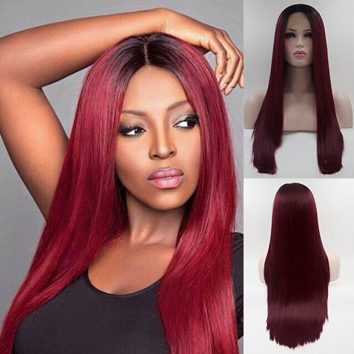 Ombre Wine Red Wigs With Dark Roots Natural Long Straight Hair High Temperature Fiber Synthetic Lace Front Wigs