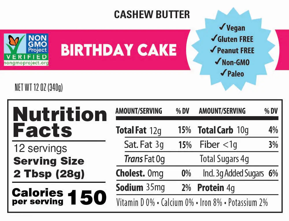 Birthday Cake Cashew Butter - Nutritional Panel