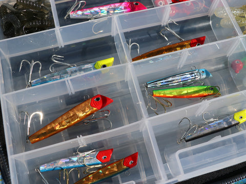 Gotcha saltwater fishing plugs in a Calcutta Outdoors tackle tray