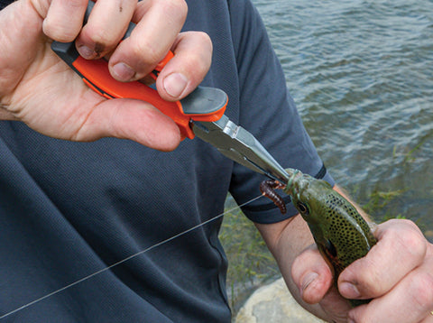 Fisherman removing hook with long-nose pliers