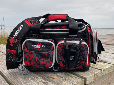 Matzuo soft-sided tackle bag sitting on pier