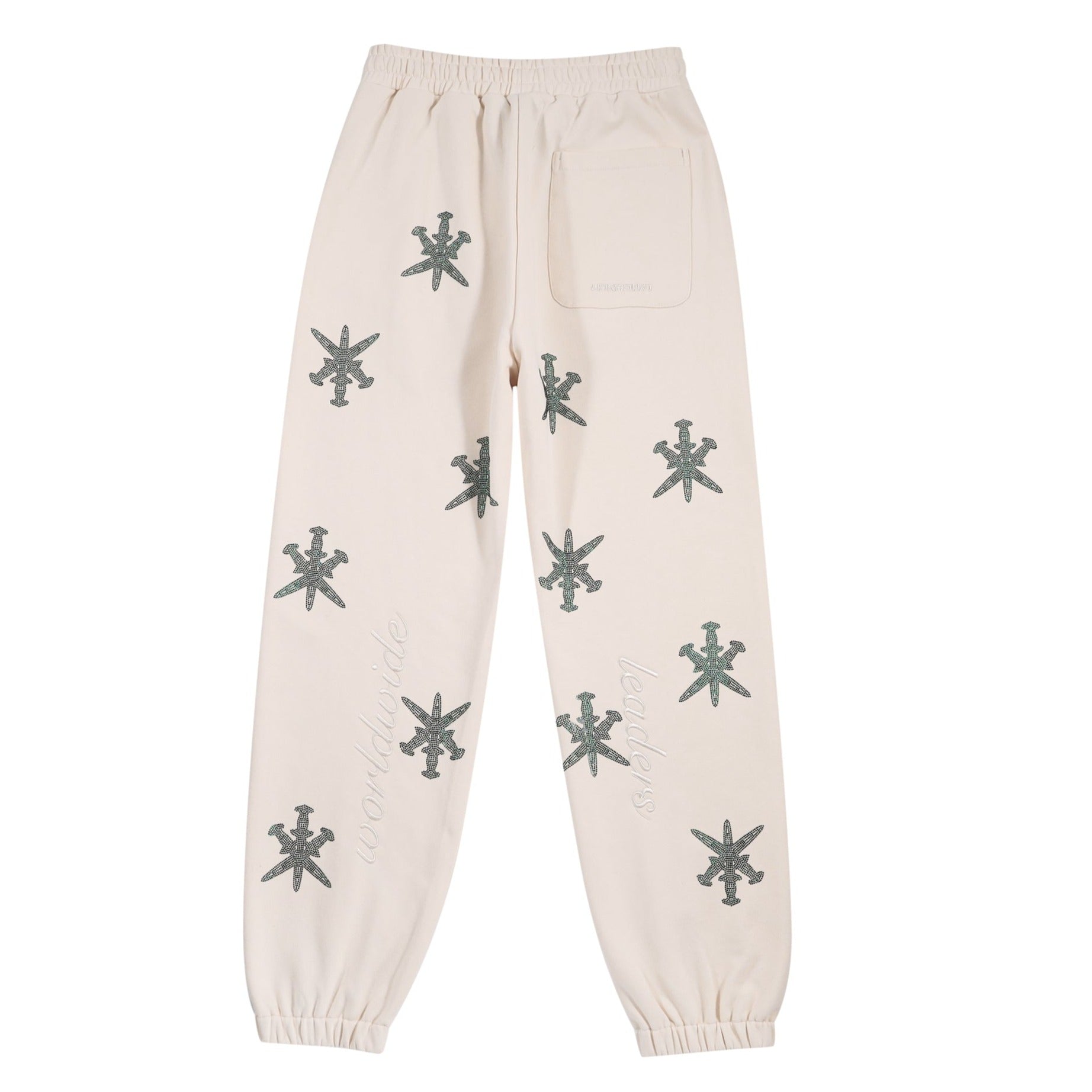 CREAM AND GREEN RHINESTONE JOGGERS – Unknown London