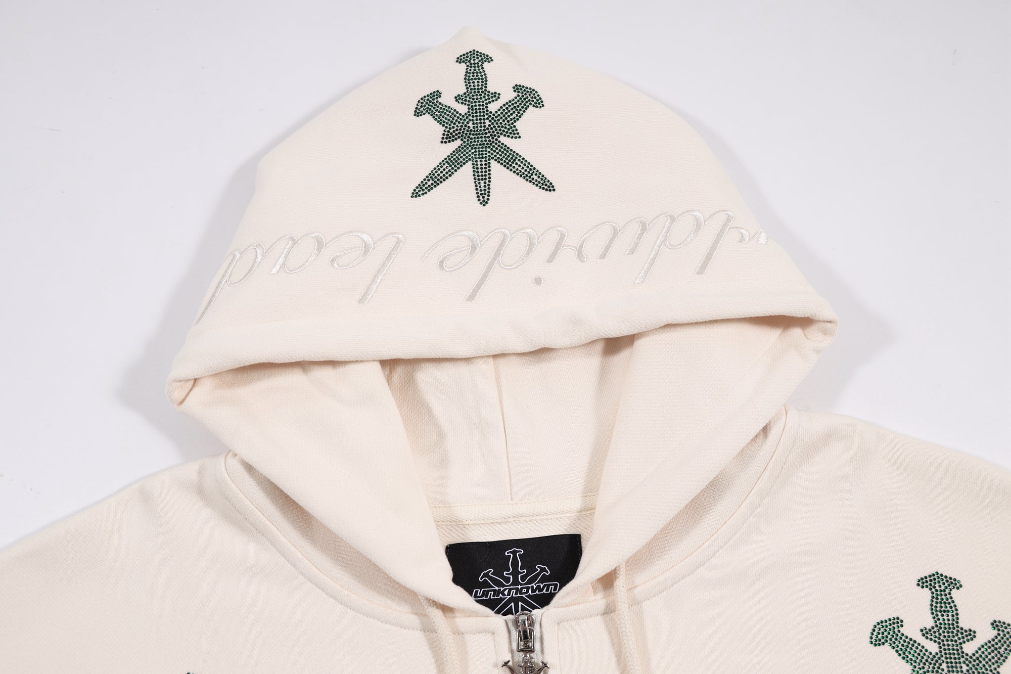 CREAM AND GREEN DAGGER ZIP HOODIE – Unknown London