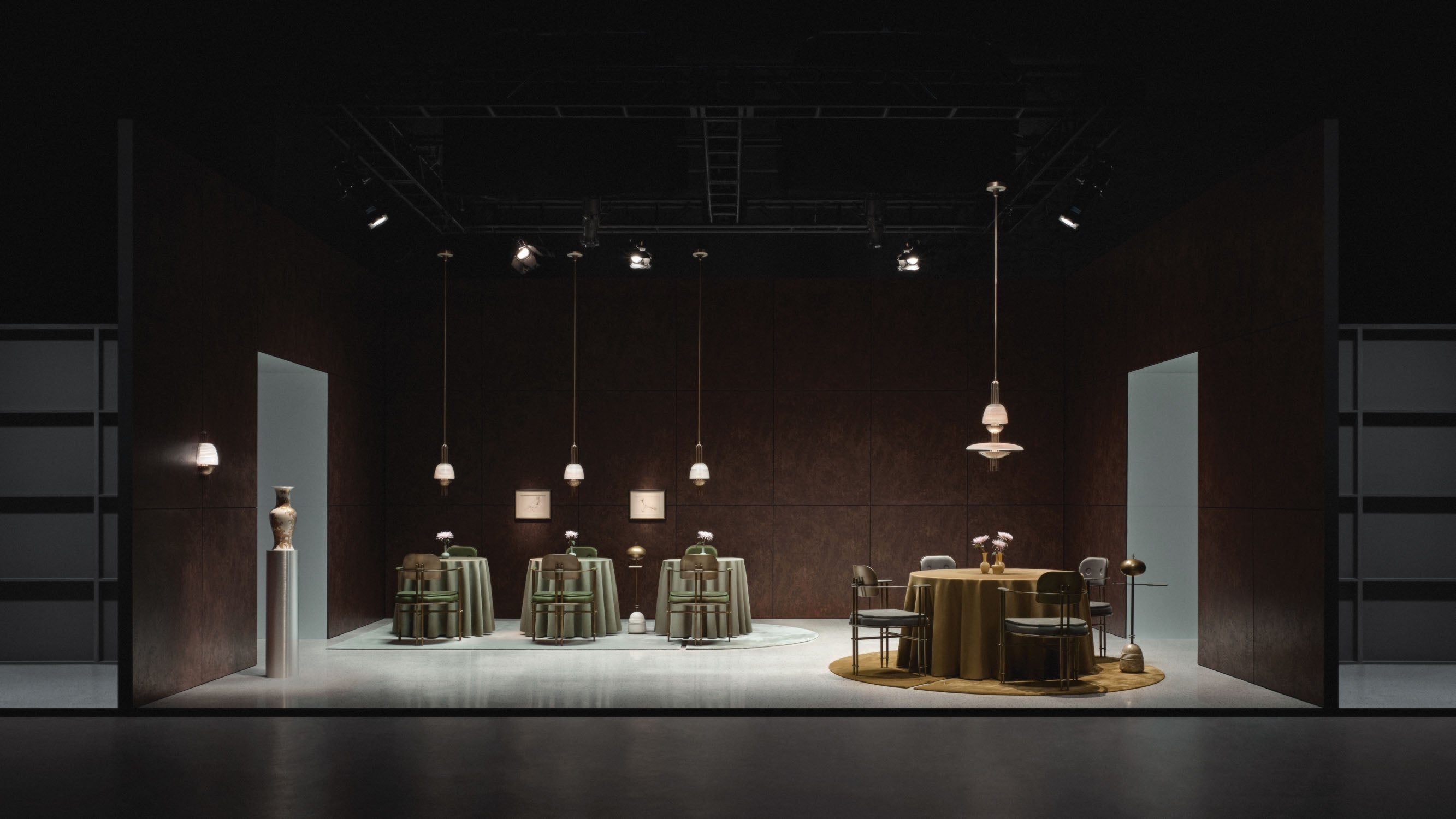 A room decorated with APPARATUS tables used for burning incense, ceiling pendants, rugs and chairs set at circular dining tables.